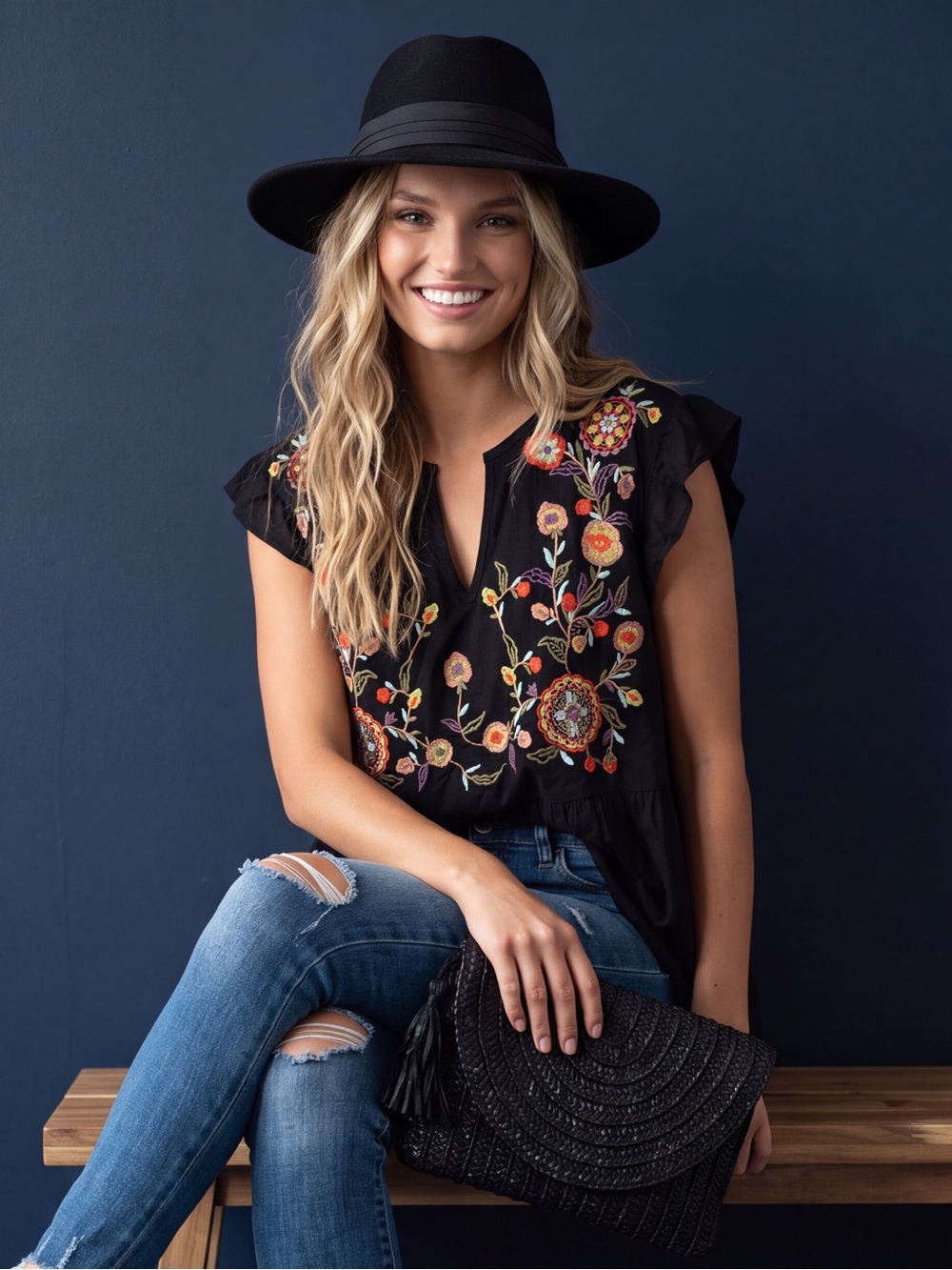 entro Black Embroidered Flutter-Sleeve Blouse